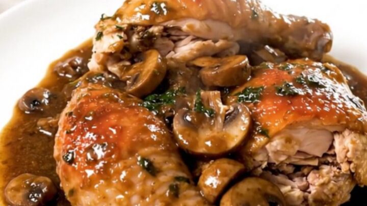 A top-down view of a slow cooker filled with chicken thighs, sliced mushrooms, and a rich tomato-wine sauce.