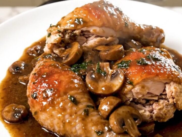 A top-down view of a slow cooker filled with chicken thighs, sliced mushrooms, and a rich tomato-wine sauce.