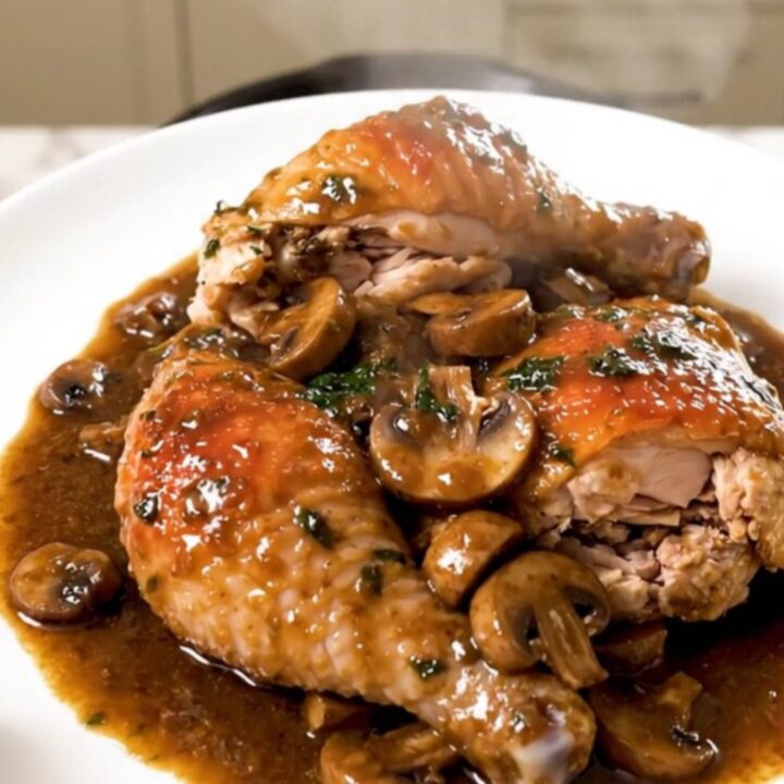 A top-down view of a slow cooker filled with chicken thighs, sliced mushrooms, and a rich tomato-wine sauce.