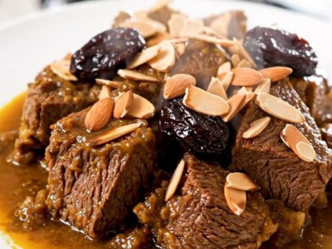 A steaming, glossy beef tagine served on a white round plate, garnished with toasted sliced almonds.