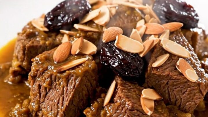A steaming, glossy beef tagine served on a white round plate, garnished with toasted sliced almonds.