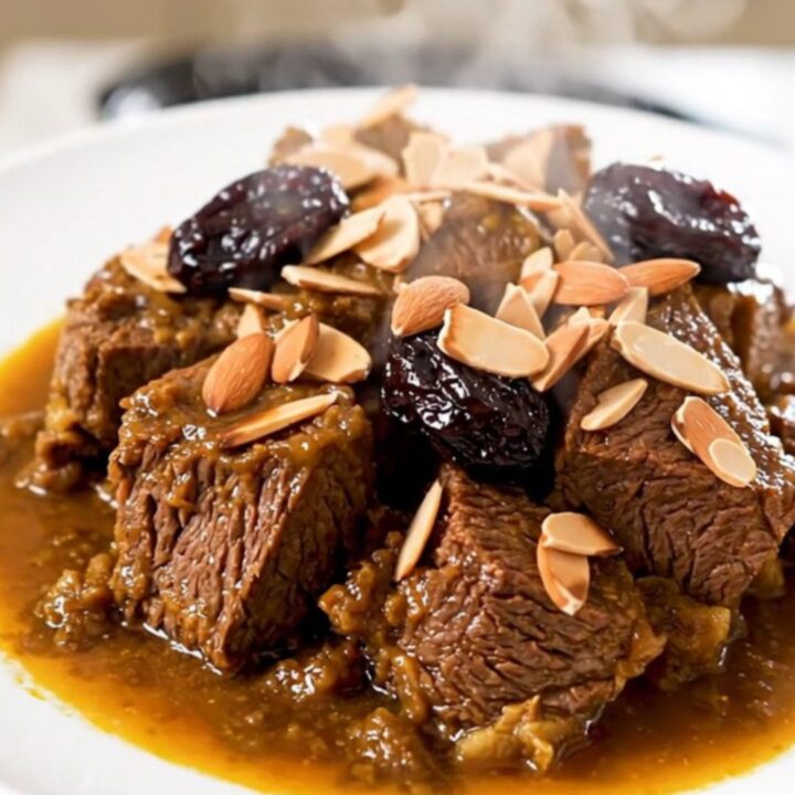 A steaming, glossy beef tagine served on a white round plate, garnished with toasted sliced almonds.