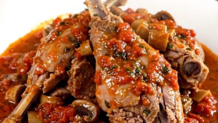 A rustic slow cooker rabbit chasseur with mushrooms and tomatoes in a black pot.