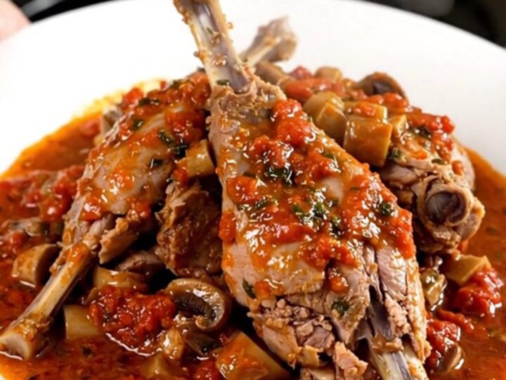 A rustic slow cooker rabbit chasseur with mushrooms and tomatoes in a black pot.