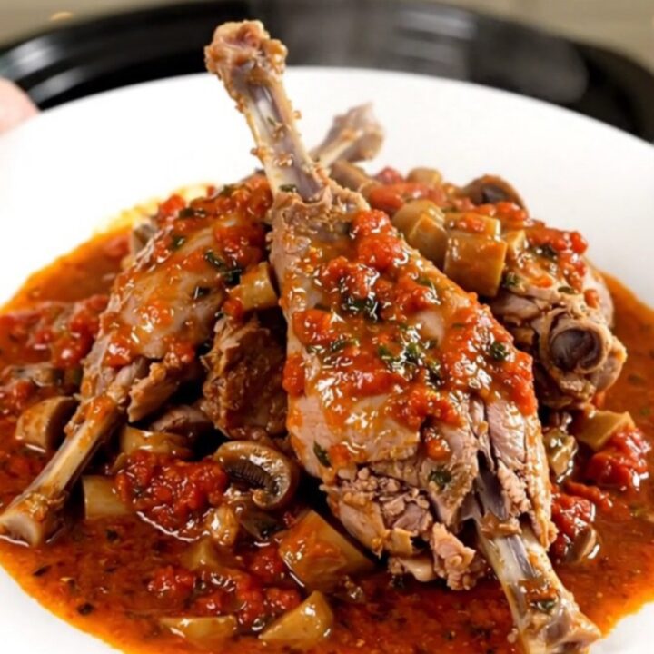 A rustic slow cooker rabbit chasseur with mushrooms and tomatoes in a black pot.