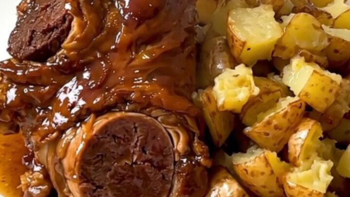 A top-down view of raw lamb neck and potato chunks in a slow cooker.