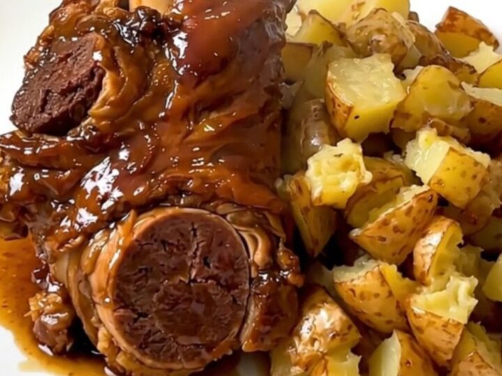 A top-down view of raw lamb neck and potato chunks in a slow cooker.