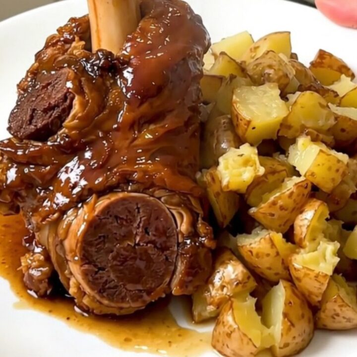 A top-down view of raw lamb neck and potato chunks in a slow cooker.