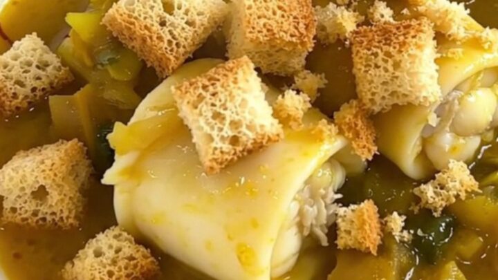 A white bowl filled with monkfish stew, glossy sauce, leeks, and carrots, topped with golden croutons.