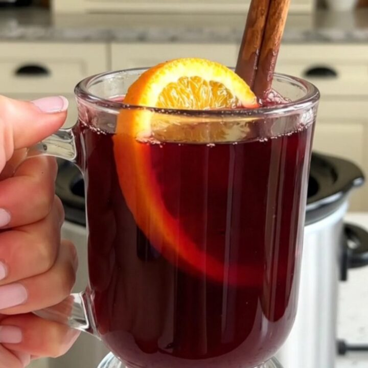 Un mug en verre rempli de vin chaud fumant garni d'une tranche d'orange et d'un bâton de cannelle.