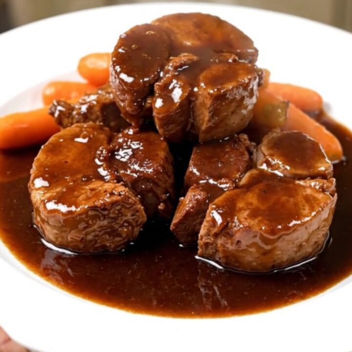 A close-up view of tender braised pork cheeks served with sliced carrots in a rich red wine sauce on a white plate.