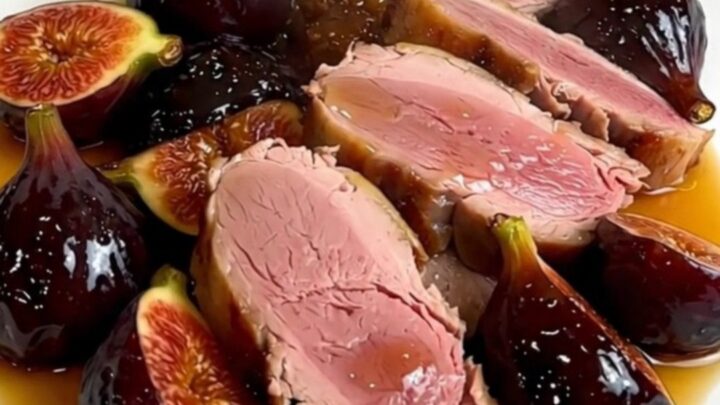 A slow cooker filled with duck breasts, halved figs, and shallots simmering in a rich honey-balsamic sauce.