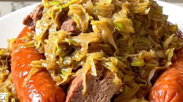 A rustic, steaming serving of Alsatian choucroute garnie on a white plate.