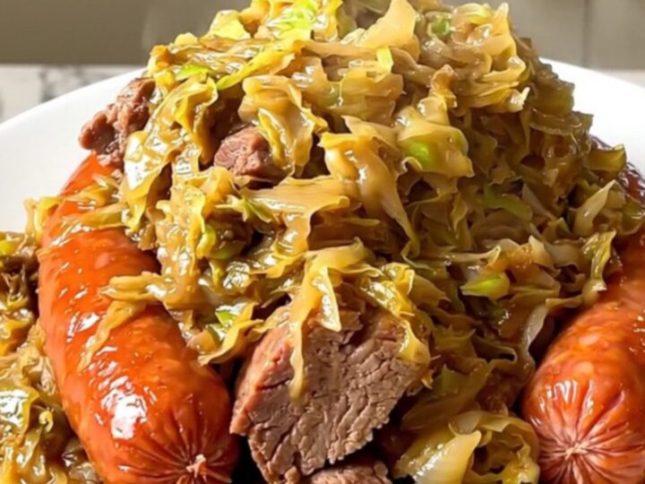 A rustic, steaming serving of Alsatian choucroute garnie on a white plate.