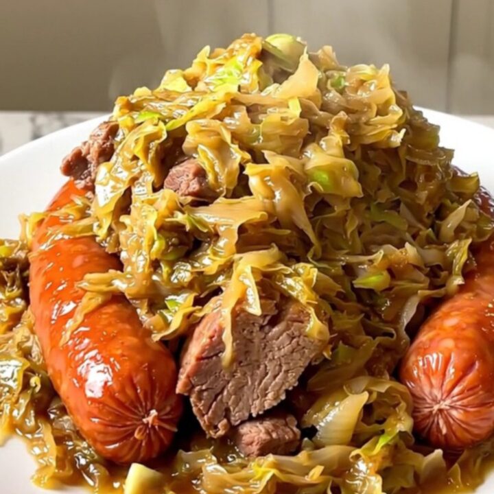 A rustic, steaming serving of Alsatian choucroute garnie on a white plate.
