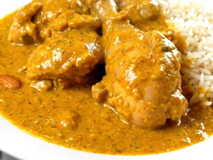 A steaming, glossy bowl of creamy chicken korma served with a side of fluffy white rice on a clean white plate.