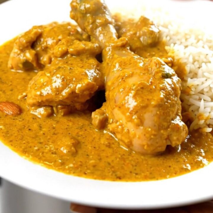 A steaming, glossy bowl of creamy chicken korma served with a side of fluffy white rice on a clean white plate.