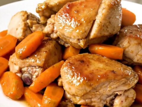 A slow cooker filled with chicken thighs, sliced carrots, and onions in a flavorful broth.
