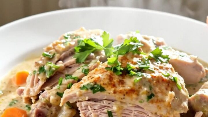 A steaming bowl of creamy slow cooker turkey blanquette with carrots and mushrooms.