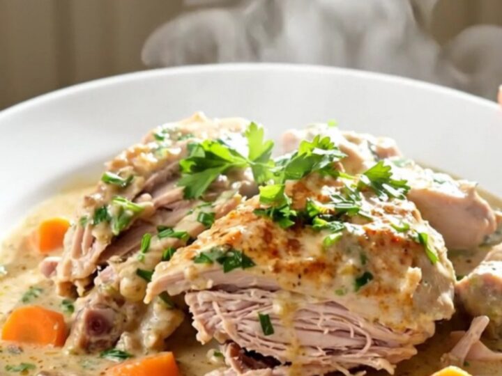 A steaming bowl of creamy slow cooker turkey blanquette with carrots and mushrooms.