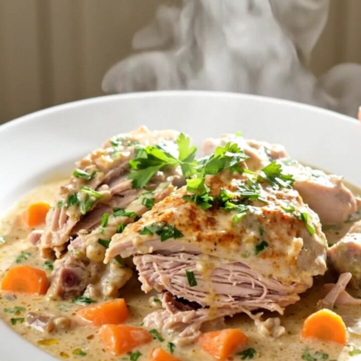 A steaming bowl of creamy slow cooker turkey blanquette with carrots and mushrooms.