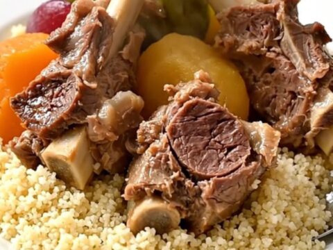 A white bowl filled with tender pieces of lamb and root vegetables served over fluffy semolina.