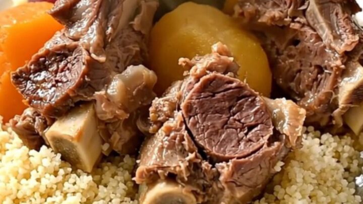 A white bowl filled with tender pieces of lamb and root vegetables served over fluffy semolina.