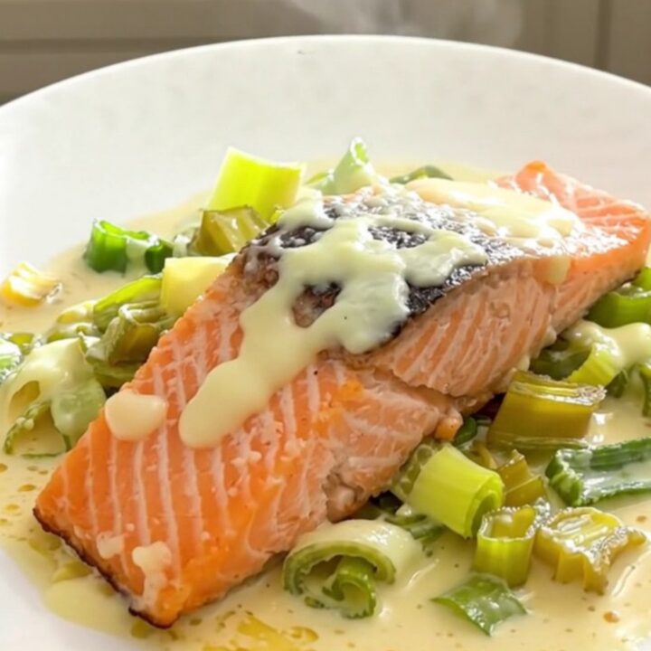 A top-down view of salmon fillets, sliced leeks, and dollops of crème fraîche in a black slow cooker insert.