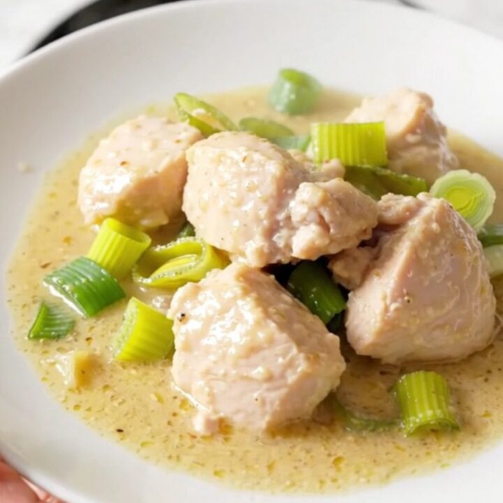 A steaming, creamy chicken and leek dish served on a clean, round white plate.