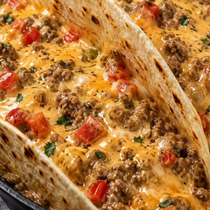A cast iron skillet filled with cheesy Rotel beef, served with soft flour tortillas on a wooden table.