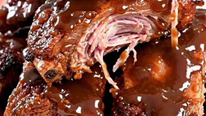 A plate of tender, glossy slow cooker barbecue ribs served on a white plate.
