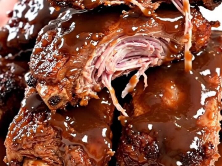 A plate of tender, glossy slow cooker barbecue ribs served on a white plate.