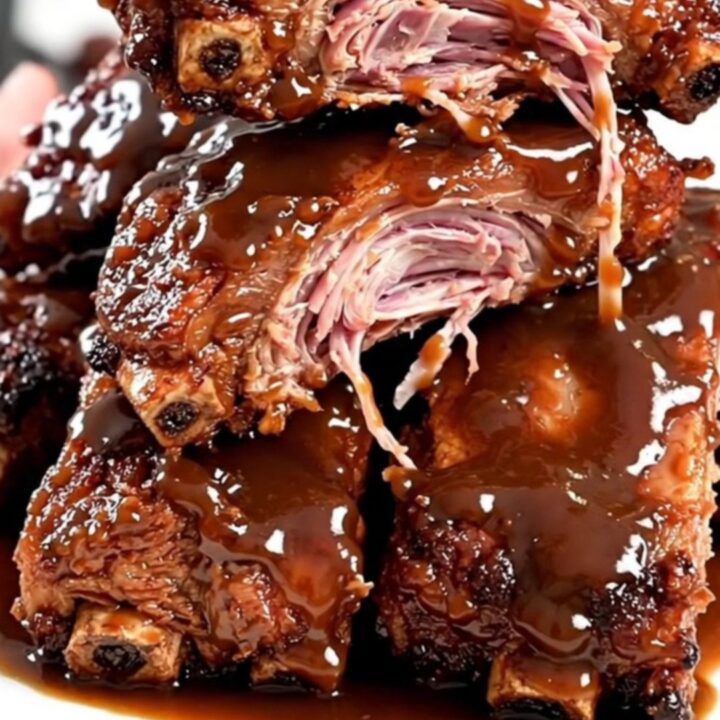A plate of tender, glossy slow cooker barbecue ribs served on a white plate.