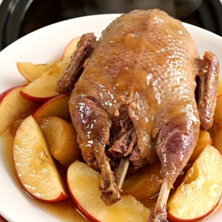 A rustic plate featuring slow-cooked guinea fowl pieces, tender apple wedges, and glazed shallots in a savory sauce.