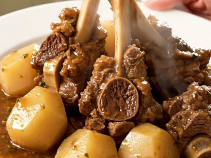A close overhead view of a slow cooker filled with tender pieces of lamb, turnip wedges, and sliced onions in a savory broth.