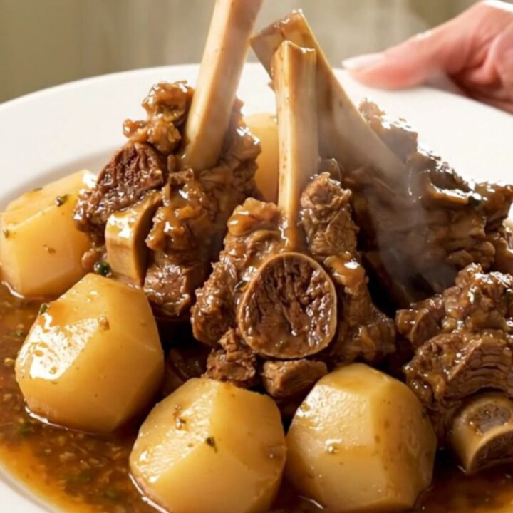 A close overhead view of a slow cooker filled with tender pieces of lamb, turnip wedges, and sliced onions in a savory broth.