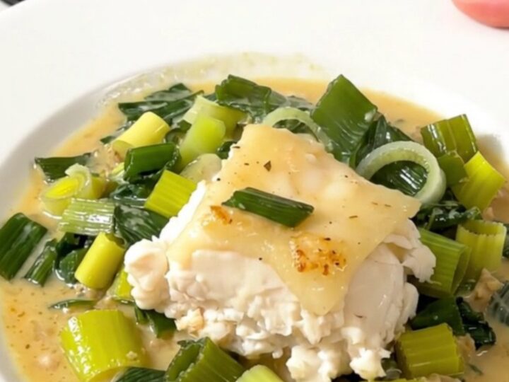 A close-up of a perfectly cooked, flaky cod fillet topped with a creamy leek sauce on a white plate.