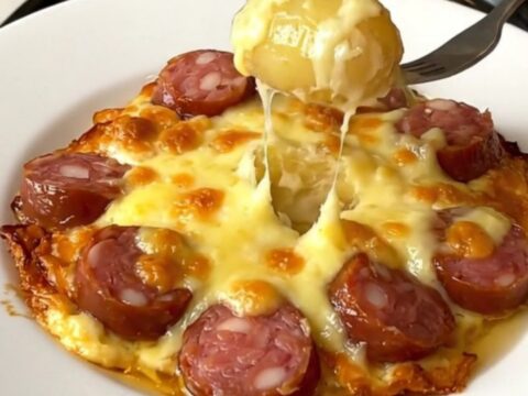 A top-down view of a slow cooker filled with a box of Mont d'Or cheese, raw Morteau sausage, and baby potatoes.