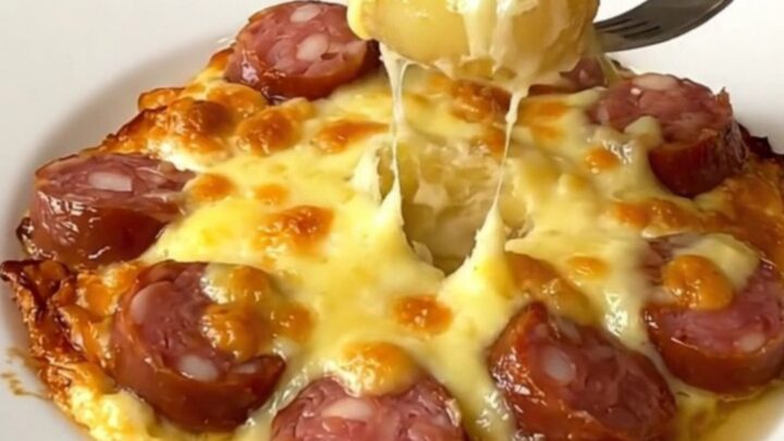 A top-down view of a slow cooker filled with a box of Mont d'Or cheese, raw Morteau sausage, and baby potatoes.