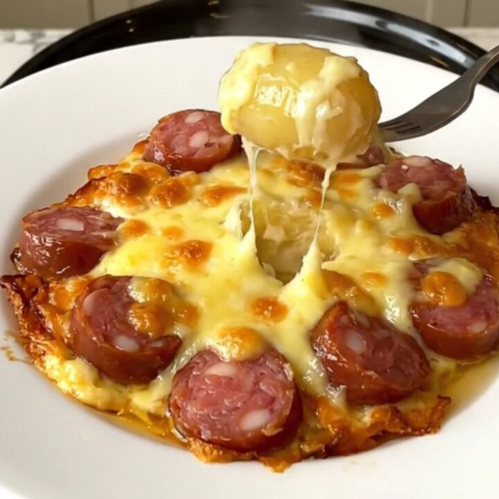 A top-down view of a slow cooker filled with a box of Mont d'Or cheese, raw Morteau sausage, and baby potatoes.