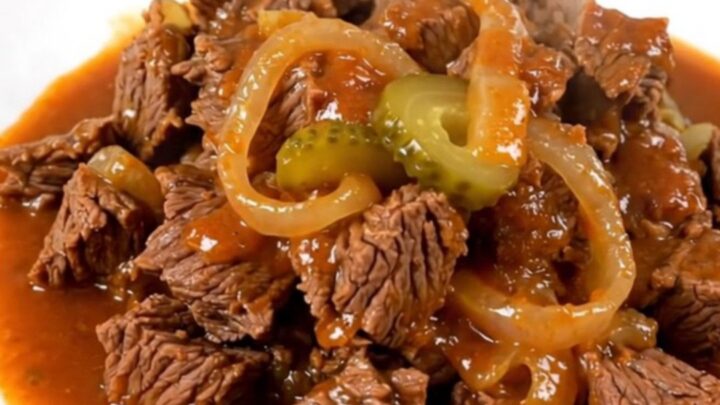 A close-up of a steaming, glossy beef miroton served on a white plate with onion and pickle slices visible.