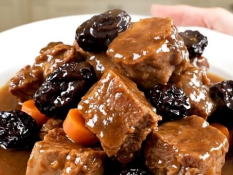 A white plate holding tender cubed pork with carrots and prunes in a rich, glossy sauce.