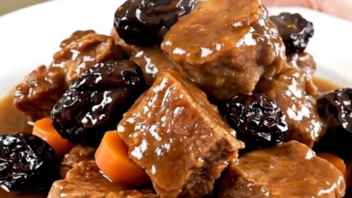 A white plate holding tender cubed pork with carrots and prunes in a rich, glossy sauce.