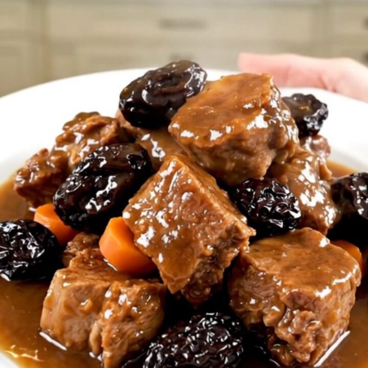 A white plate holding tender cubed pork with carrots and prunes in a rich, glossy sauce.