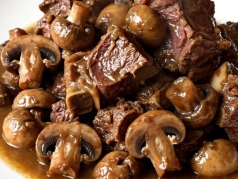 Mijoté d'agneau aux champignons servi dans une assiette blanche avec une sauce brillante.