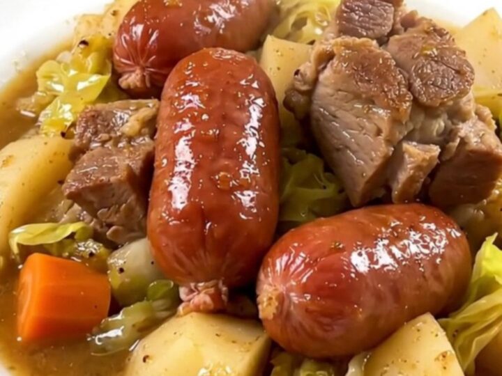 A rustic Breton pork and cabbage stew in a black slow cooker on a white quartz countertop.