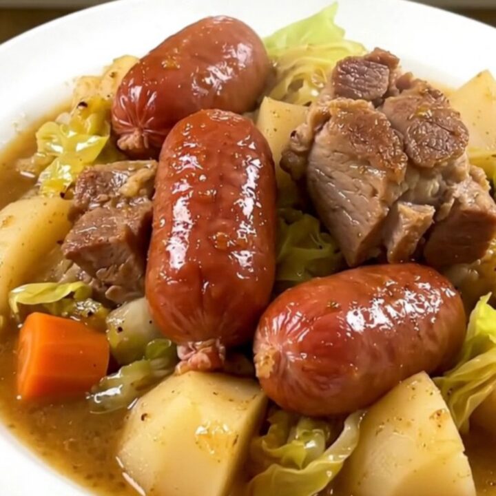 A rustic Breton pork and cabbage stew in a black slow cooker on a white quartz countertop.