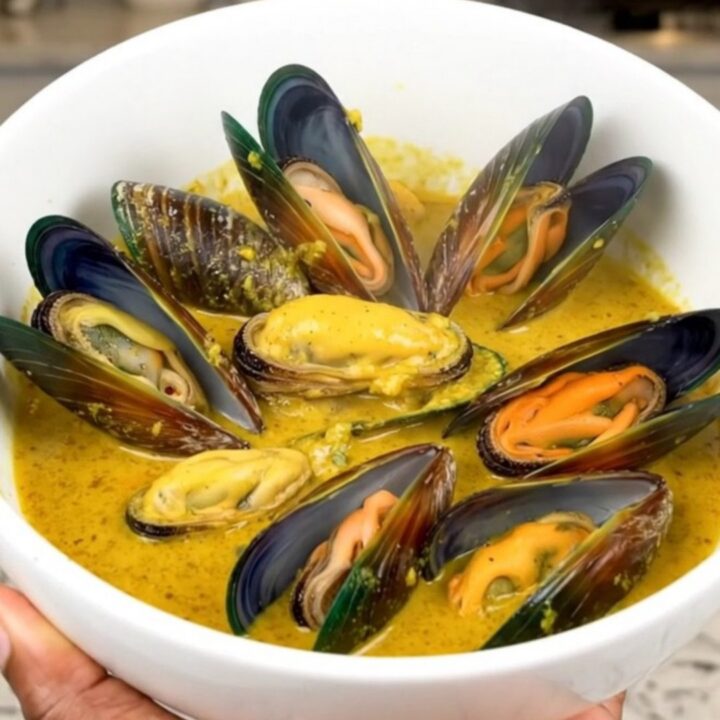 A white bowl filled with steamed mussels in a creamy, golden curry sauce, set against a blurred kitchen background.