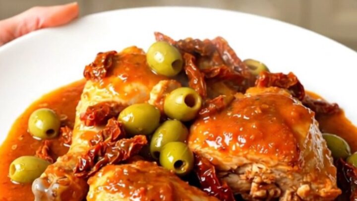Finished slow cooker chicken with olives and sun-dried tomatoes in a white bowl.