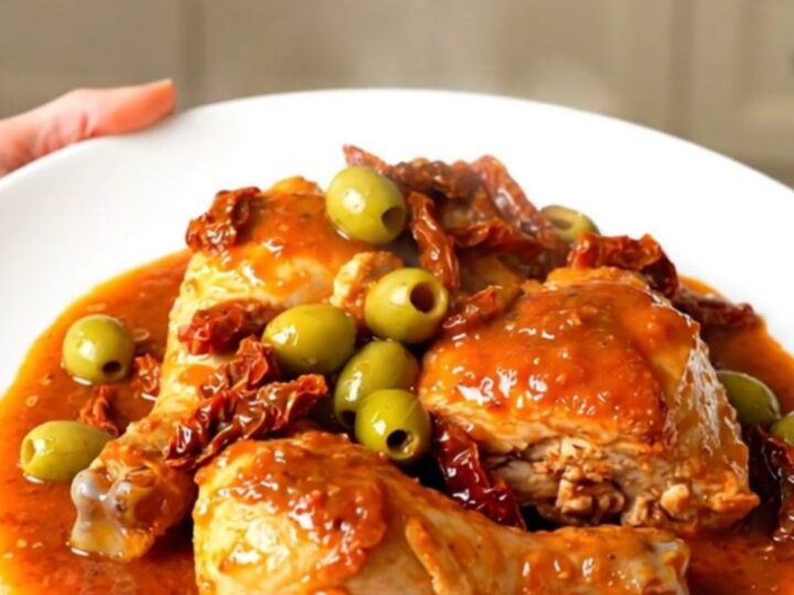 Finished slow cooker chicken with olives and sun-dried tomatoes in a white bowl.